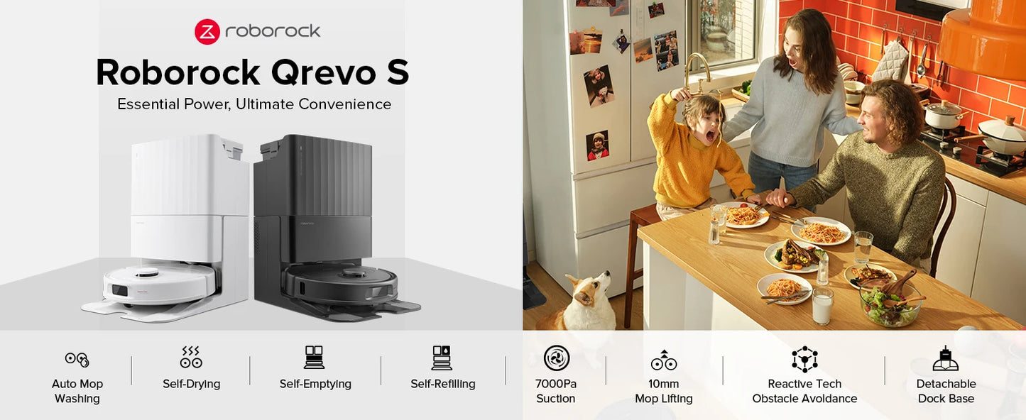 Roborock Qrevo S robot vacuum cleaner with family in kitchen using it
