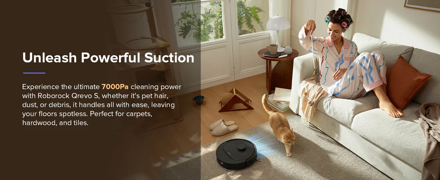 Woman using a Roborock robot vacuum cleaner in a living room with text about its powerful suction.