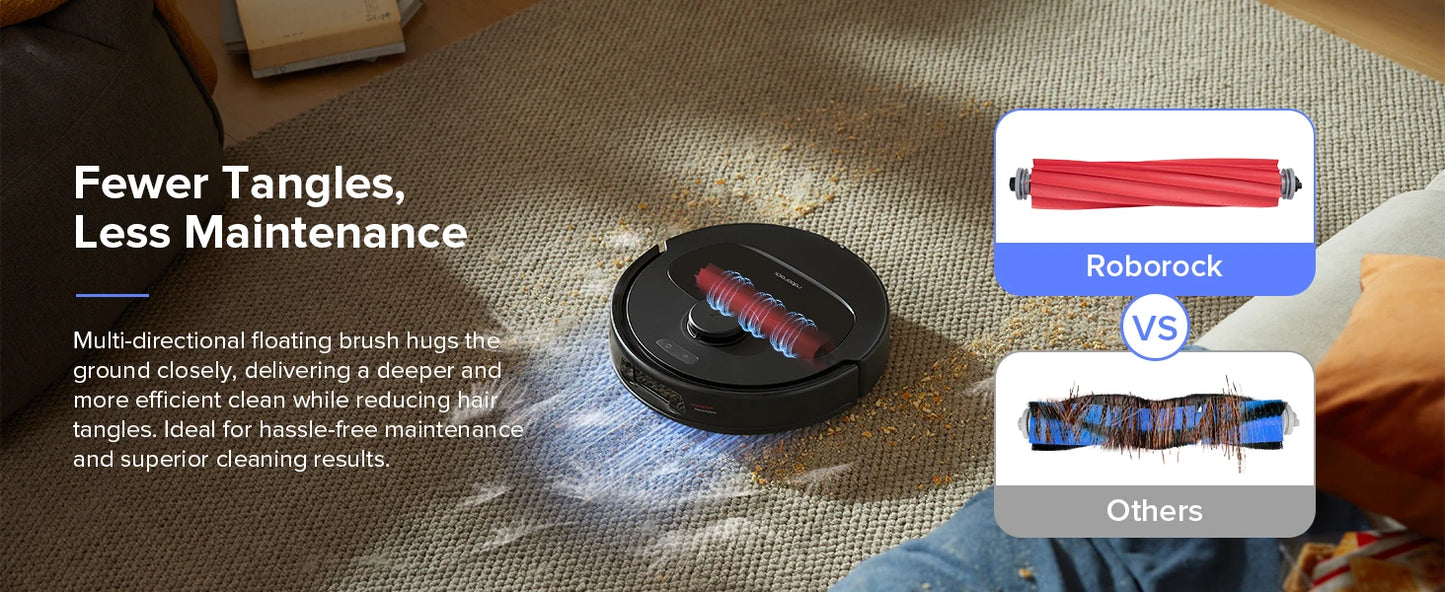 Roborock robot vacuum cleaning a carpet with text about fewer tangles and less maintenance.