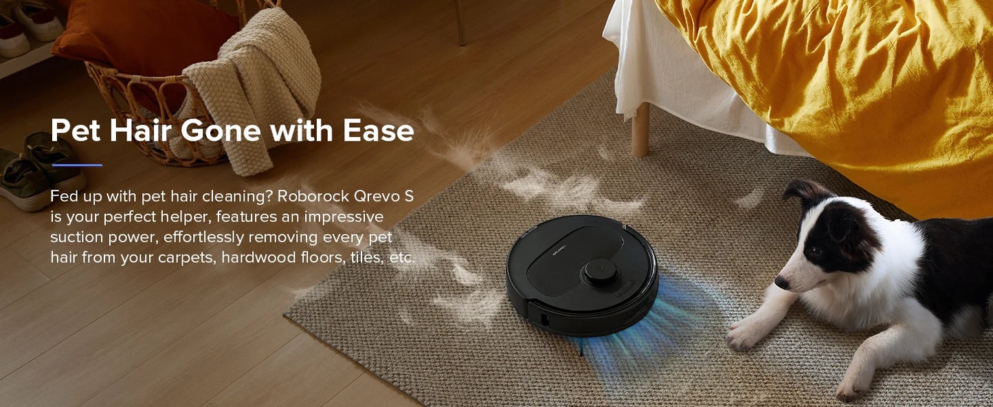 Roborock Grevo S cleaning pet hair on a carpet with text about its effectiveness.