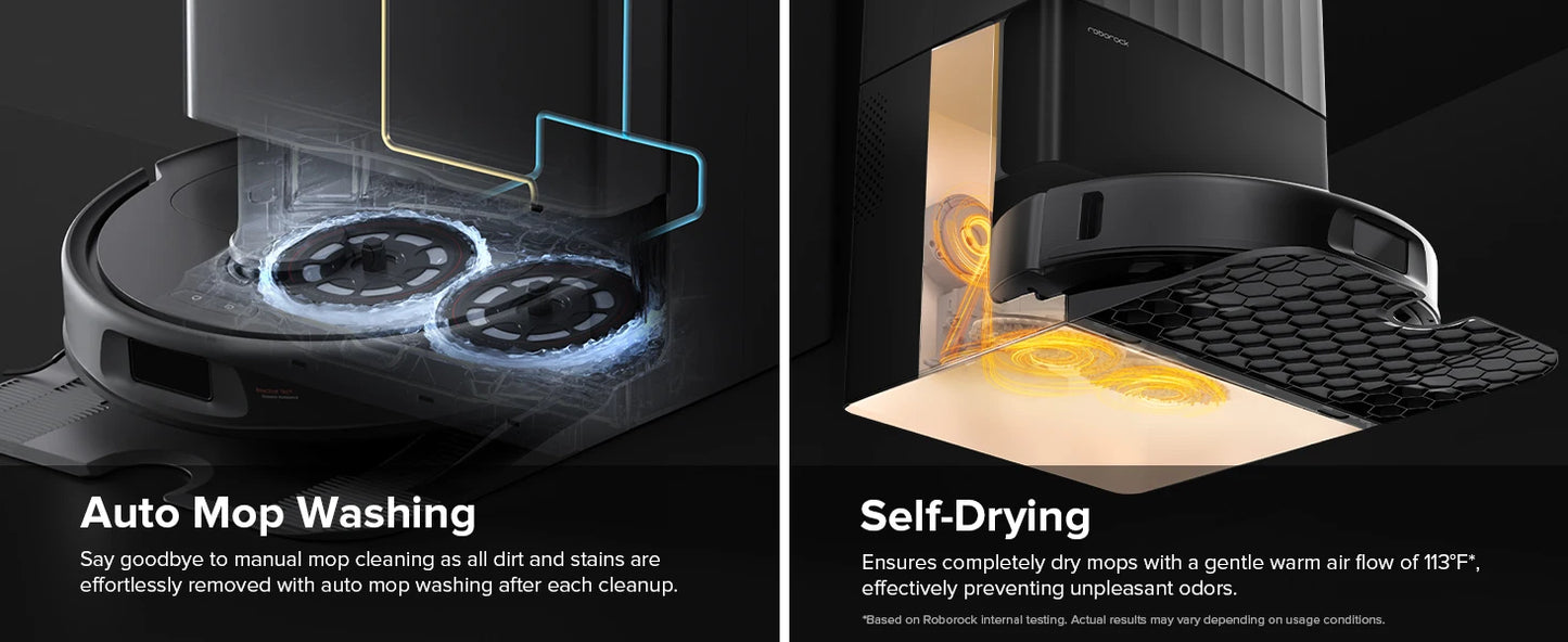 Two images showing auto mop washing and self-drying features of a cleaning device.