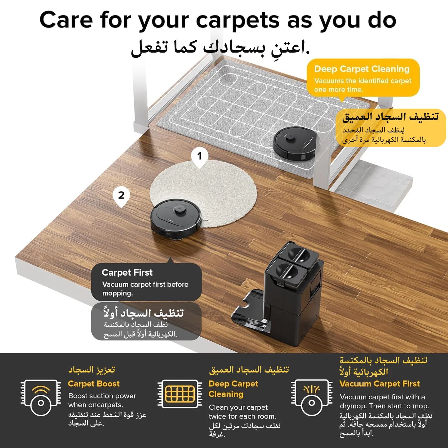 Cleaning device with text instructions on carpet care on a wooden floor.