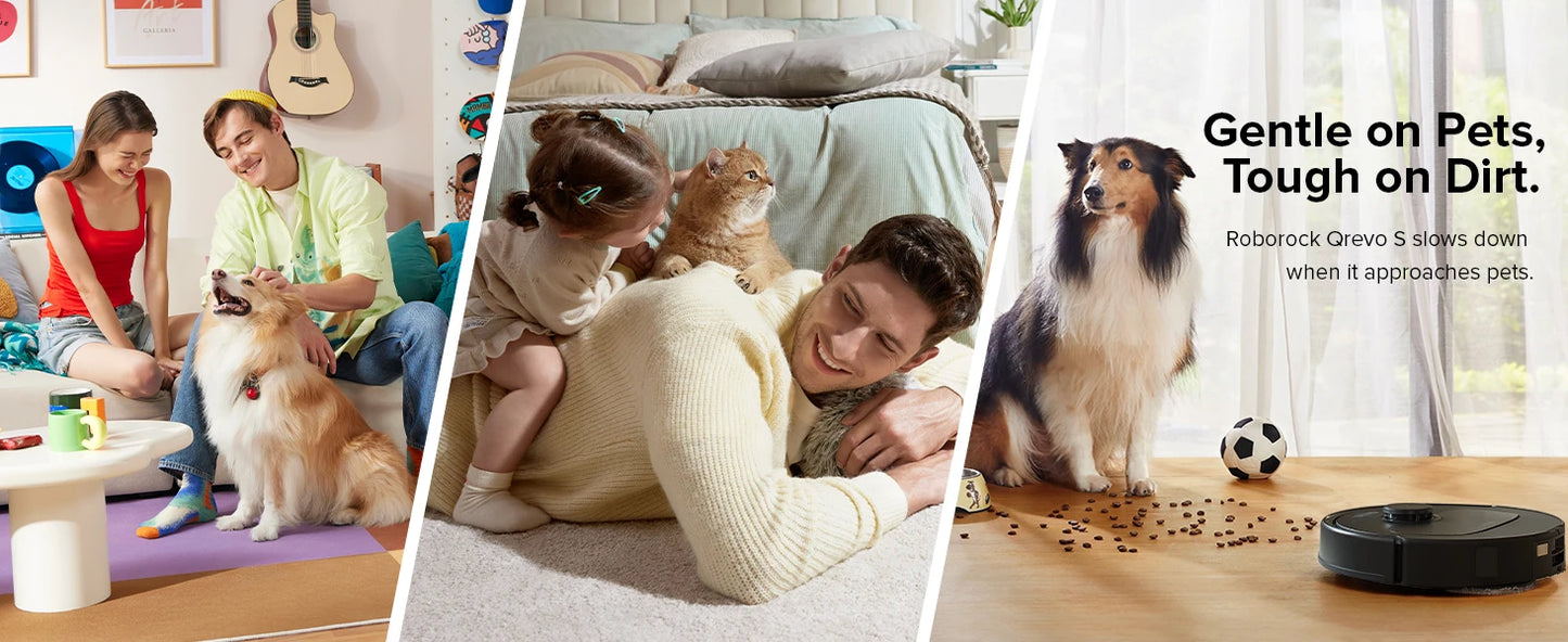 Collage of a family with pets, a person with a cat, and a robot vacuum cleaning up pet messes.
