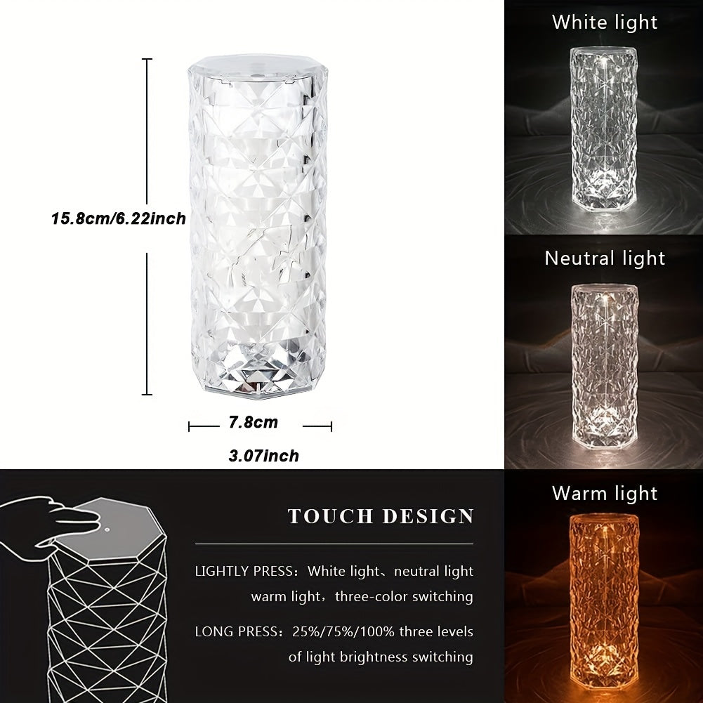 Touch Control Crystal Diamond Lamp: 3-Color Changing LED Night Light for Home, Office, and Party Xyrvona