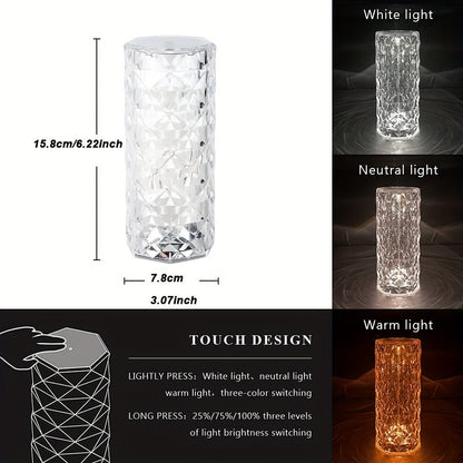 Touch Control Crystal Diamond Lamp: 3-Color Changing LED Night Light for Home, Office, and Party Xyrvona