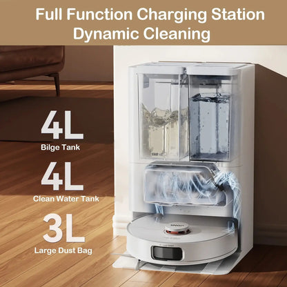 JONR Robot Vacuum P20 Pro – Self-Cleaning Mop with 4L bilge tank, 4L clean water tank, and 3L large dust bag.