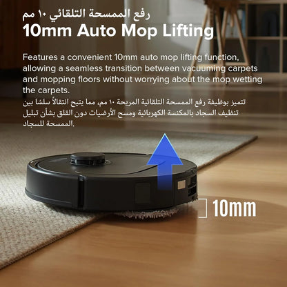 Robotic vacuum cleaner with 10mm auto mop lifting feature on a wooden floor.