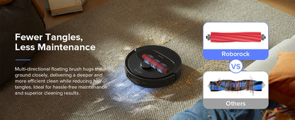 Roborock robot vacuum cleaning a carpet with text about fewer tangles and less maintenance.