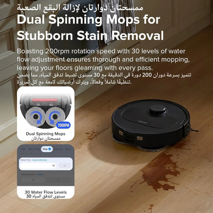 Robotic vacuum cleaner with text about dual spinning mops for stubborn stain removal on a wooden floor.