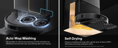 Two images showing auto mop washing and self-drying features of a cleaning device.