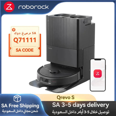 Roborock Qrevo S device with app icon and text on a blue background