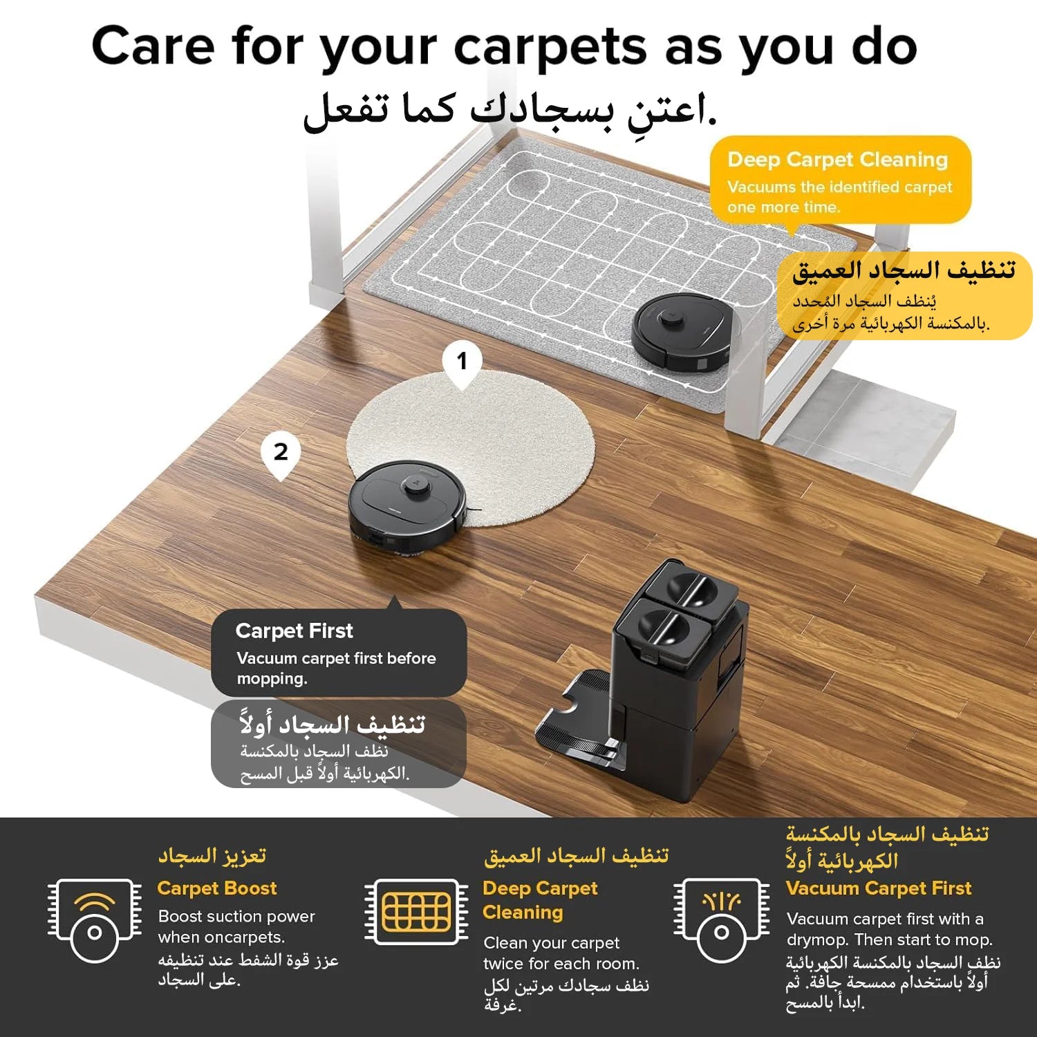 Cleaning device with text instructions on carpet care on a wooden floor.